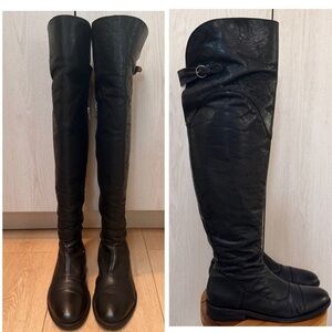 All Saints women’s Black Leather Over-the-Knee buckle zip up Riding Boots  37